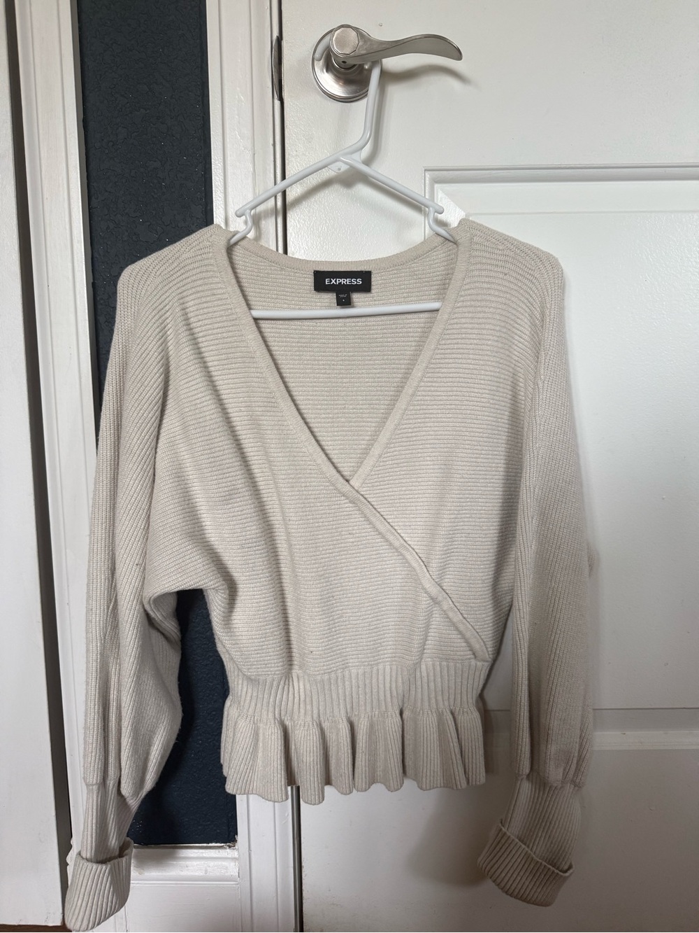 Express Beige Wrap V-Neck Ribbed Sweater with Ruffle Hem - Picture 4 of 4